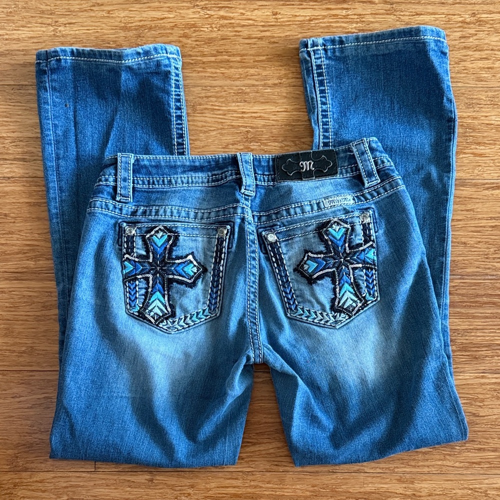 Miss Me Blue Boot Cut Jeans with Embroidered Crosses